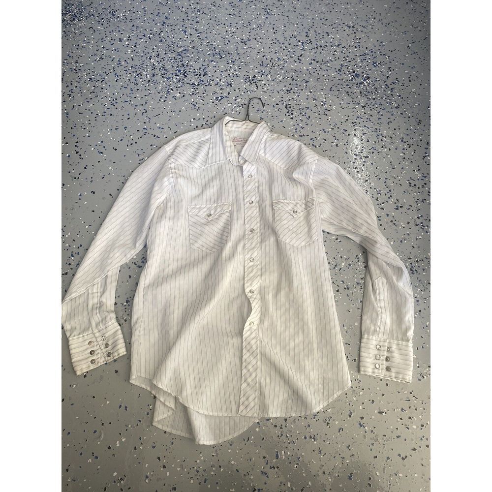 VTG Wrangler White‎ Western Shirt Mens Pearl Snap Long Tails Made in USA 17 35